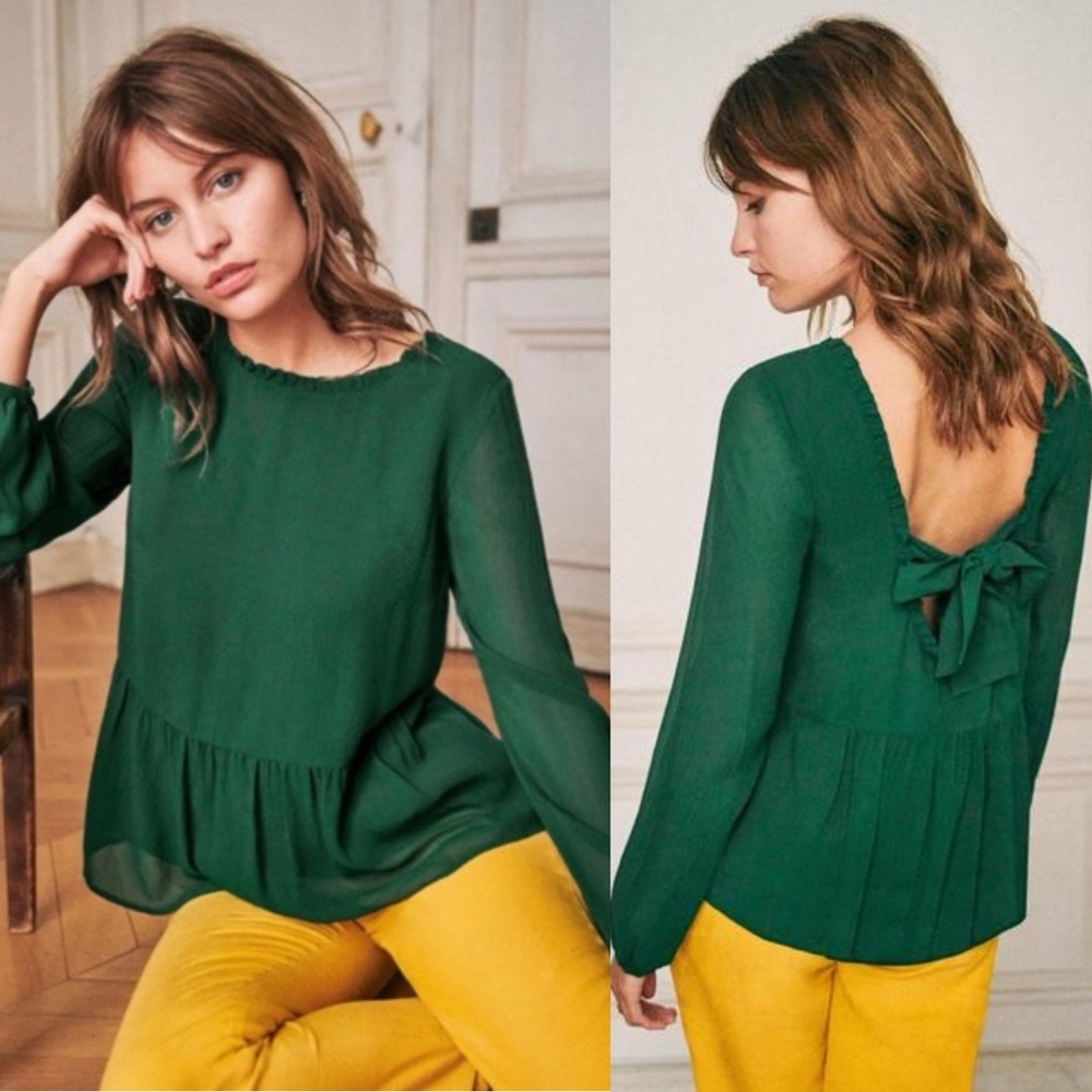 Sezane 100% Silk Bow Back Sabina Blouse Green Top Size 34 French Us 2 Peplum